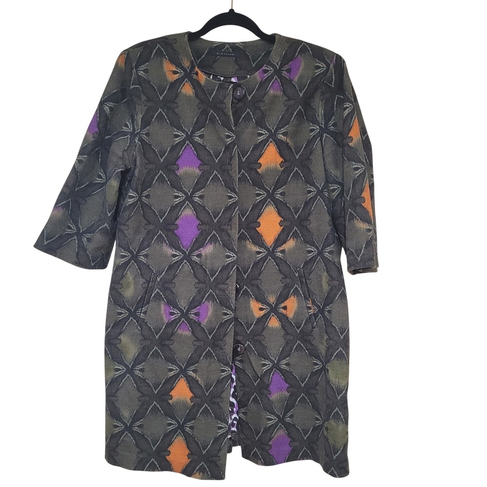 Elie Tahari Womens Olive Green Geometric Print Cotton Coat Jacket Sz L vintage